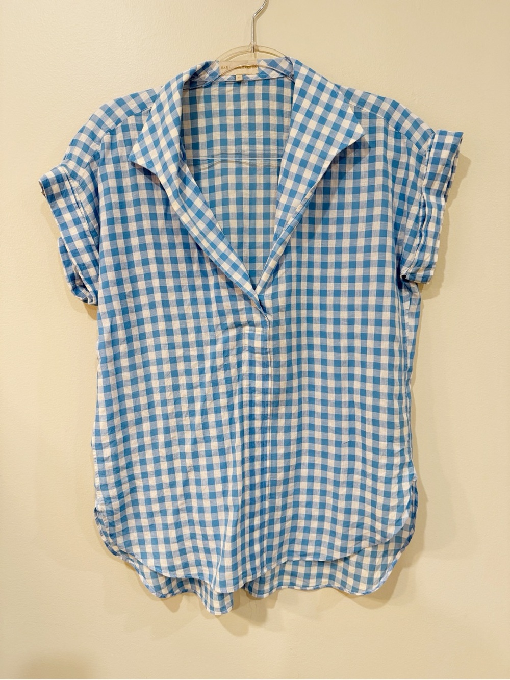 Sarah Alexandra Blue White Gingham Short-Sleeve Button-Down Shirt Lyocell 🇺🇸